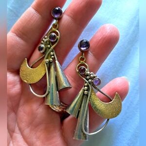 Vintage Artisan Sterling Silver 14kt Gold Plated Purple Amethyst Dangle Earrings